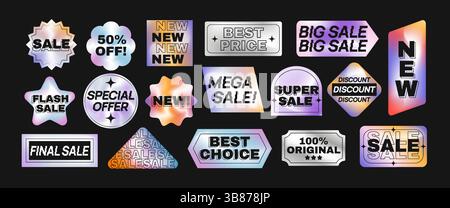 Holografischer Etikettensatz. Werbeaufkleber mit Metallic-Neon-Textur. Designelemente zur Förderung von Verkauf, Sonderangebot und Rabatt. Irisierender Vektor Stock Vektor