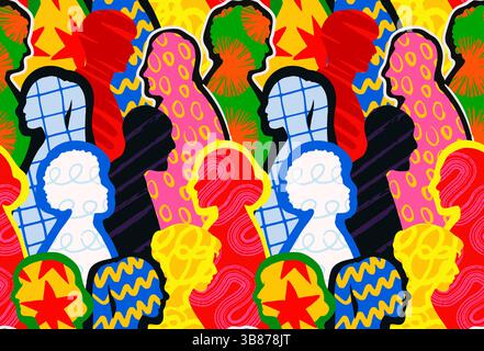 Nahtloses Muster mit einer Menge verschiedener Menschen. Wiederkehrende Ornamente mit multiethnischer Gemeinschaft und hellen Silhouetten von Männern und Frauen. Cartoon Hand Stock Vektor