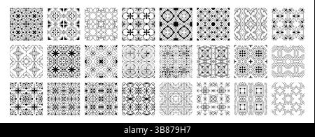 Satz nahtloser arabischer Muster. Schwarz-weiße Ornamente im traditionellen arabischen und persischen Stil mit geometrischen Formen und floralen Symbolen. Gliederung Stock Vektor