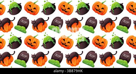 Nahtloses Halloween-Muster mit Kürbis, schwarzer Katze, Grabstein und sprudelndem Kessel im Cartoon-Stil auf weißem Hintergrund. Ideal für festliches Design Stock Vektor