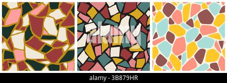 Nahtloses Muster mit Mosaikfliesen. Abstrakte sich wiederholende Ornamente mit mehrfarbigen geometrischen Formen im keramischen Stil. Dekoratives Designelement. Flacher Vektor Stock Vektor