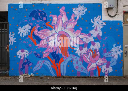 Ein farbenfrohes Wandgemälde entlang der Astro Alley in Mount Pleasant, Vancouver, BC. Stockfoto