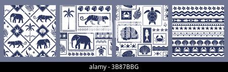 Set aus nahtlosen tropischen Mustern. Retro-Ornamente mit exotischen Pflanzen, Palmen, Dschungeltieren, Schildkröten und Tigern. Handgezeichneter Vektor Stock Vektor