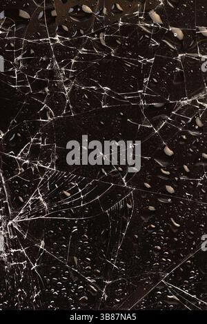 Wasser bedeckt zerbrochenes Glas mit vielen Schäden auf dunklem Hintergrund, nasses, dünnes Glas in viele Stücke gebrochen Stockfoto