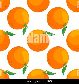 Nahtloses orangefarbenes Fruchtmuster mit grünem Blatt auf weißem Hintergrund im Zeichentrickstil. Zitrusdesign perfekt für Stoffverpackungen, Tapeten und Küche Stock Vektor