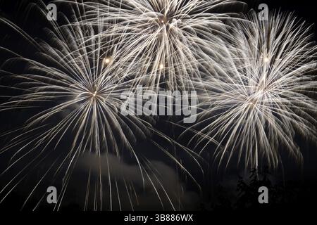 Wunderschönes buntes Feuerwerk am schwarzen Himmel Stockfoto