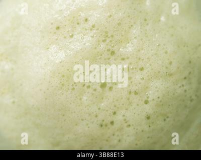 Grüne Schaumstoffstruktur extrem nah als Hintergrund. Perfekter grüner Matcha Tee Latte Schaum mit Bubbles Makroshooting. Kopierbereich für Text Stockfoto