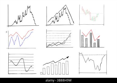 Diagrammlinien festgelegt. Diagramm, Finanzbericht, Einkommenswachstum, Wirtschaftsstatistik, Diagramm, Infografik, Mindmap, Vektorillustration für Datenvisualisierung Stock Vektor