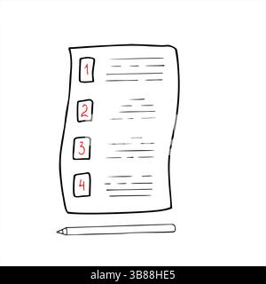 Papierplaner oder Aufgabenliste mit nummerierten Elementen in roten und leeren Zeilen für die Vektorillustration von Notizen. Stift oder Bleistift liegen in der Nähe und symbolisieren die Planung. Stock Vektor