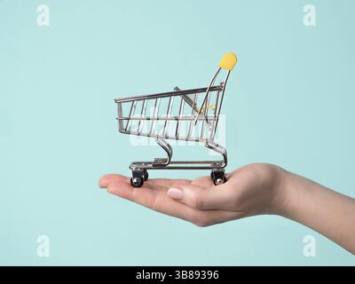 Spielzeug Warenkorb in weiblicher Hand.Einkaufswagen auf Hand über blauem Hintergrund.Kopierraum für Text oder Design.Einkaufswagen nahtloses Muster als Verkauf, di Stockfoto