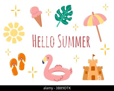 Hallo Sommer Set mit Strandausrüstung. Set mit Elementen für den Sommer. Stock Vektor