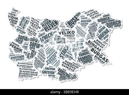 Bulgarien Formen Textwolke. Ländergrenze mit Schatten auf weißem Hintergrund. Bulgarien mit Regionen im Vintage-gazette-Stil. Stock Vektor
