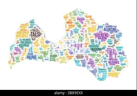 Wortwolke für Lettland. Ländliches Design. Lettland farbige Illustration. Bereichsnamen Collage Cloud. Vektorabbildung. Stock Vektor