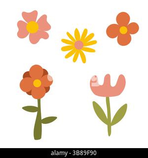 Einfaches Blumenset. Retro-Blumen. Minimalistisches Design. Stock Vektor