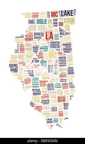 Illinois Word Cloud. Landesform mit Bezirkseinteilung. Bild im Typografie-Stil von Illinois. Bezirksnamen kennzeichnen Wolken. Vektorabbildung. Stock Vektor