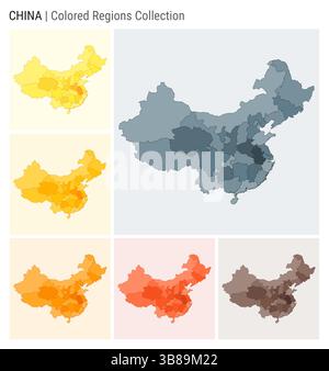 Kartensammlung China. Länderform mit farbigen Regionen. Blau, Grau, Gelb, Bernstein, Orange, Farbpaletten in tiefem Orange und Braun. Stock Vektor