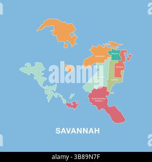 Bunte Karte Stadt Savannah, Georgia Vereinigte Staaten von Amerika mit beschrifteten Verwaltungsbezirken. Vektorillustration isoliert auf blauem Hintergrund Stock Vektor