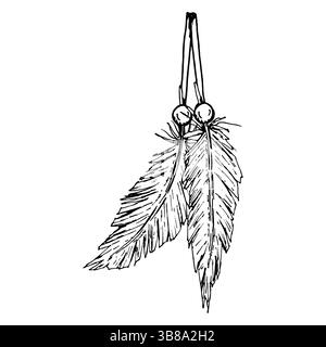 Schwarz-weiße Vektor-Illustration von zwei detaillierten Hängefedern mit Perlen, gezeichnet in esoterischen Tintenstil. Ideal für ethnisches Design, Traumfänger Stock Vektor