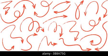 Rote Bleistiftpfeil-Doodles Set - handgezeichnete Wirbel, geschwungene Linien, chaotische Zeiger. Stock Vektor