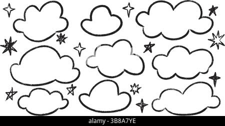 Kind Bleistift Skizze Wolken Kritzeleien gesetzt mit Sternen - Kohle Kreide Hand gezeichnete Vektorformen isoliert auf weißem Hintergrund. Stock Vektor