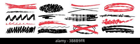 Handgezeichnete Grunge-Linien, Stifte mit Holzkohle, geschwungene Striche, Buntstifte-Unterstriche, Kritzeleien und Kritzeleien. Kreidebleistift hebt Oval, Squiggles und Kreuze hervor. Raue Pinselelemente freihändig kritzeln Stock Vektor