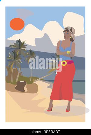 Frau am Strand. Vektorabbildung in abgewickelter Form Stockfoto