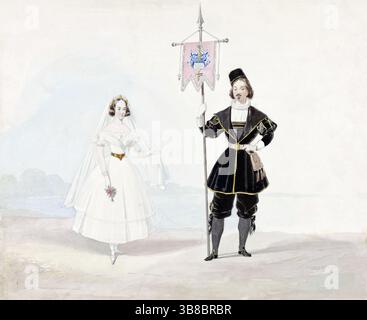 Farbige Zeichnung eines Mannes und einer Frau in historischer Tracht 1841 von Huib van Hove, Frau in weißem Hochzeitskleid und Mann mit Makin zu sehen getragen auf dem Kostümball in den Haag Niederlande 17. - 19. Februar 1841 25. Jahrestag von König Willem II. Und Anna Paulowna, antike Vintage-Druckkunst Stockfoto