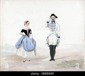 Farbige Zeichnung eines Mannes und einer Frau in historischer Tracht 1841 von Huib van Hove, möglicherweise preußische Kostüme getragen auf dem Kostümball in den Haag Niederlande 17. - 19. Februar 1841 25. Jahrestag von König Willem II. Und Anna Paulowna, antike Vintage-Druckkunst Stockfoto