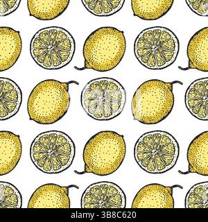 Nahtloses Zitronen-Muster. Gelbe Früchte ganz und in Scheiben schneiden. Handgezeichnete Vektorgrafik. Für Lebensmittel- und Kosmetiketiketten, Marmelade, Limonade, Geschenkpapier Stock Vektor