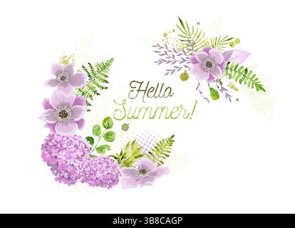 Hallo Sommer. Rosafarbener Blumenrahmen. Handgezeichnet. Nicht AI, Vektorillustration Stock Vektor
