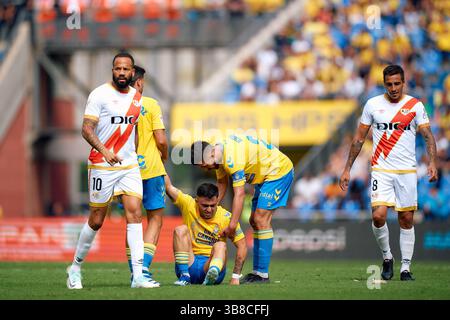 22. Oktober 2023: Alberto Moleiro und Kirian Rodriguez von UD Las Palmas Gesten während der spanischen Liga La Liga EA Sports, Fußballspiel zwischen UD Las Palmas und Rayo Vallecano im Estadio Gran Canaria am 22. Oktober 2023 in Las Palmas de Gran Canaria, Spanien. (Foto: © Gabriel Jimenez Lorenzo/AFP7 via ZUMA Press Wire) Stockfoto