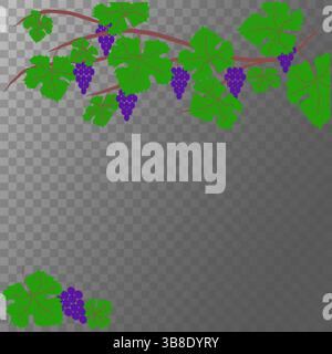 Weinrebe mit Trauben. Violette Obstgruppen. Weinblatt-Design. Dunkler karierter Hintergrund. Stock Vektor