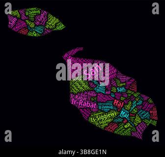 Malta Regionen Wortwolken. Helles Neondesign auf dunklem Hintergrund. Regionale Namen des Landes in maltesischer Sprache. Stock Vektor