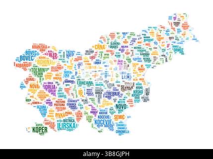 Word Cloud für die Region Slowenien. Ländliches Design. Slowenien farbige Abbildung. Bereichsnamen Collage Cloud. Vektorabbildung. Stock Vektor