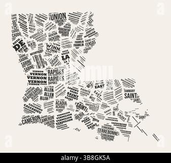 Louisiana Word Cloud. Bundesland mit Bezirksabteilung. Louisiana typografischer Text Wolken Vektor-Bilddesign. Statusbild im Vintage gazette-Stil. Stock Vektor