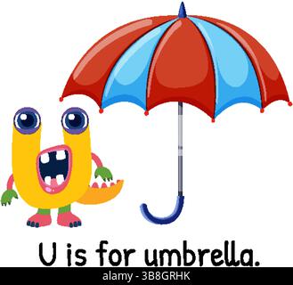 Verspielte Vektor-Illustration eines monsterförmigen Buchstaben U und eines leuchtenden Regenschirms. Leuchtende Farben und der Cartoon-Stil sorgen für einen lehrreichen Reiz Stock Vektor