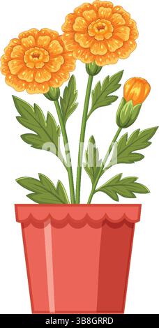 Helle Ringelblumen mit sattgrünen Blättern in einem Terrakotta-Topf. Detaillierte Vektorillustration mit lebhaften Farben und klaren Linien Stock Vektor