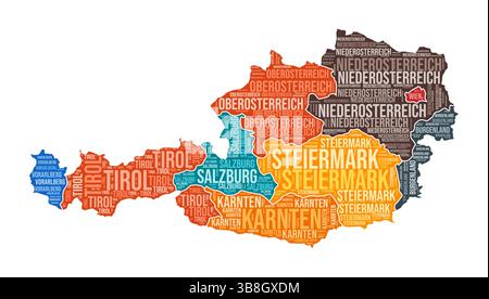 Österreichische Form. Country Wortwolke mit Bereichsbereich. Farbige Abbildung in Österreich. Bereichsnamen Cloud. Vektorabbildung. Stock Vektor
