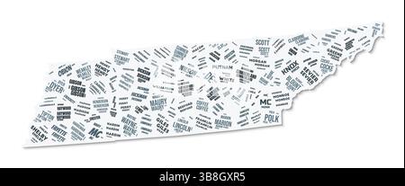 Tennessee Form Textwolke. Staatsgrenze mit Schatten auf weißem Hintergrund. Tennessee mit Countys im Vintage-gazette-Stil. Stock Vektor