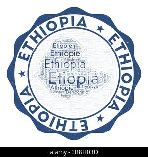Äthiopien Logo. Authentisches Landabzeichen mit Wortwolke in Form von Äthiopien. Rundes Emblem mit Ländername. Überzeugende Vektorillustration. Stock Vektor