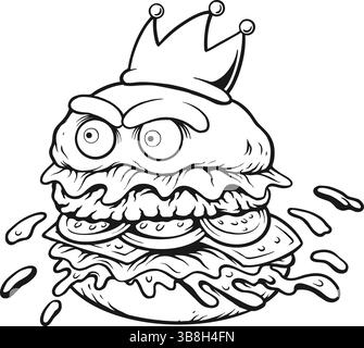 Gekröntes Hamburger Maskottchen mit intensiven Stare Sillhouette Vektor-Illustrationen für Ihre Arbeit Logo, Merchandise T-Shirt, Aufkleber und Label Designs, Post Stock Vektor