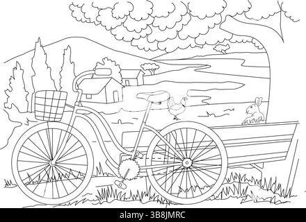 Schwarz-weiße Linie Kunst Illustration eines Fahrrads, das in einer friedlichen Landschaft mit sanften Hügeln, Häusern, einem Fluss, Bäumen, Wolken, A Stock Vektor