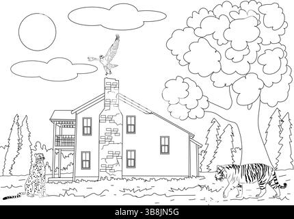 Schwarz-weiße Umrissillustration mit einem Tiger und einem Geparden in einem Dschungel oder Wald, mit einem Haus, Bäumen, Sonne, Wolken, und einen Vogel. Anzug Stock Vektor