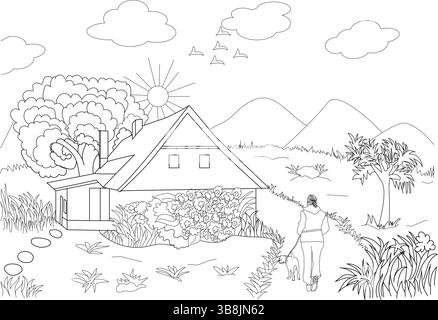 Strichzeichnung Illustration einer Frau, die ihren Hund auf einem Weg in einer natürlichen Umgebung führt. Die Szene umfasst ein Haus mit Garten, Bäumen und Bergen Stock Vektor