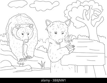 Strichzeichnung Illustration einer Bärenmutter und ihres Jungen, die in einem Wald stehen. Das Jungtier blickt auf ein hölzernes Schild. Ideal zum Färben Stock Vektor