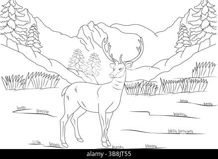 Schwarz-weiße Linienzeichnung eines Hirsches mit Geweih, der in einer Wald- oder Berglandschaft steht. Geeignet zum Ausmalen von Büchern, Illustrationen und Design Stock Vektor