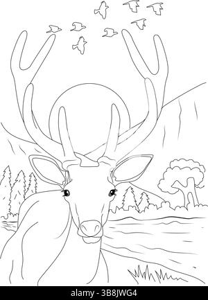 Schwarz-weiße Strichgrafik-Illustration, geeignet für eine Malseite, mit einem majestätischen Rentier oder Hirsch mit großen Geweihen, die in einem ruhigen Moun stehen Stock Vektor