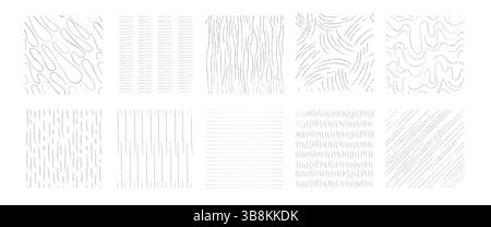 Schraffurmuster – Sammlung monochromer Texturen mit verschiedenen schraffierten Linien und Strichstrichen, die von Hand gezeichnet wurden. Skizzenhafte Grafikelemente für gravierende Zeichnungseffekte im Designstil. Stock Vektor