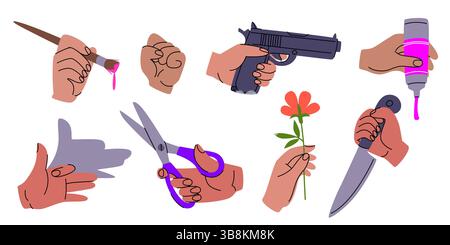 Zeichentrick-Hände mit Gesten und verschiedenen Gegenständen - Pistole und Messer, Schere und Blume, Malrohr und Pinsel, machen Hundeschatten Silhouette und halten Faust. Menschliche Waffen bringen Aufkleber auf. Stock Vektor