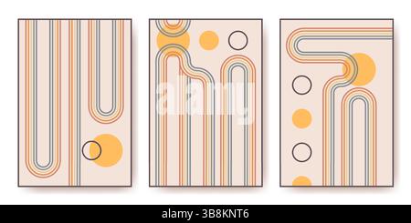 Regenbogengestreifte Bogenkompositionen - Retro-Farbvektor-Posterdrucke der 70er Jahre. Geometrische Linien, Kreise, Bögen in abstrakten künstlerischen Hintergründen. Boho Wandvorlagen in warmen Tönen. Stock Vektor